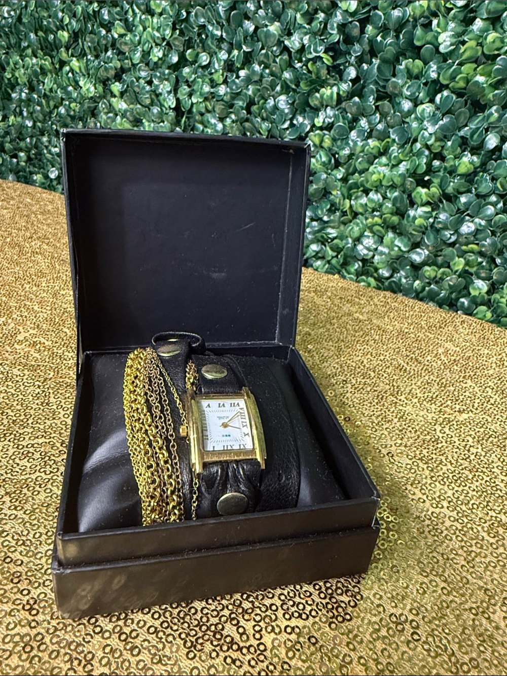 La Mer Gold-Tone Rectangular Dial Wrap Watch with Black Strap